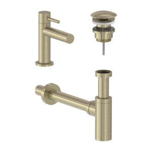 Combiset fonteinkraan, designplug en syphon - Geborsteld mat goud PVD