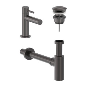 Combiset fonteinkraan, designplug en syphon - Geborsteld carbon black PVD