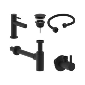 Combiset+ fonteinkraan, designplug, syphon, slang en stopkraan - Mat zwart PED