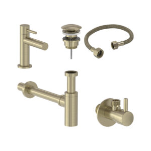Combiset+ fonteinkraan, designplug, syphon, slang en stopkraan - Geborsteld mat goud PVD