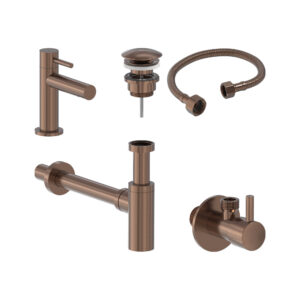 Combiset+ fonteinkraan, designplug, syphon, slang en stopkraan - Geborsteld mat koper PVD