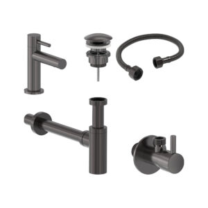 Combiset+ fonteinkraan, designplug, syphon, slang en stopkraan - Geborsteld carbon black PVD