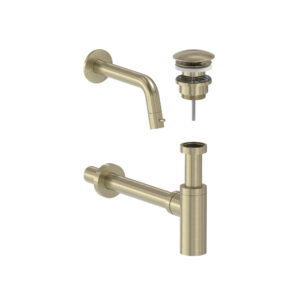 Combiset wandfonteinkraan, designplug en syphon - Geborsteld mat goud PVD